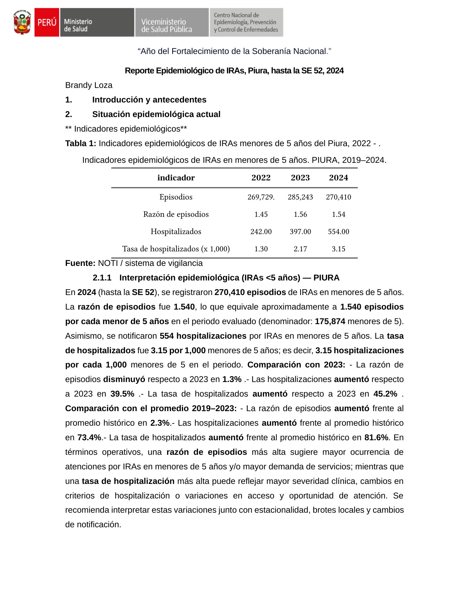Página 1 del reporte con indicadores epidemiológicos
